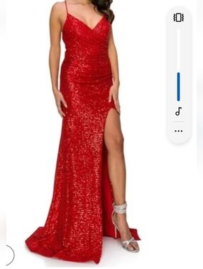 CINDERELLA DIVINE PROM GALA DRESS  WOMENS SZ S RED SEQUIN MAXI ZIP HIGH SLITS